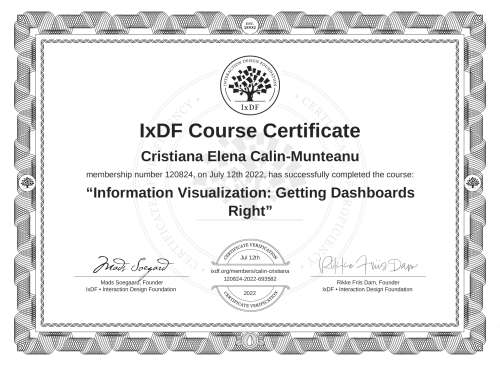 Information Visualization: Getting Dashboards Right certificate