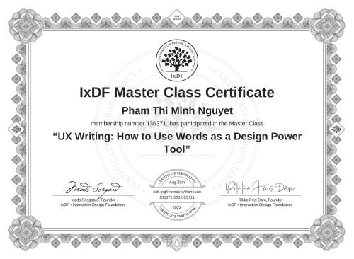 UX Writing: How to Use Words as a Design Power Tool certificate