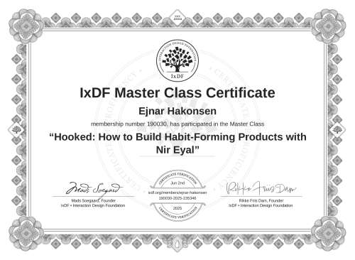 Hooked: How to Build Habit-Forming Products with Nir Eyal certificate