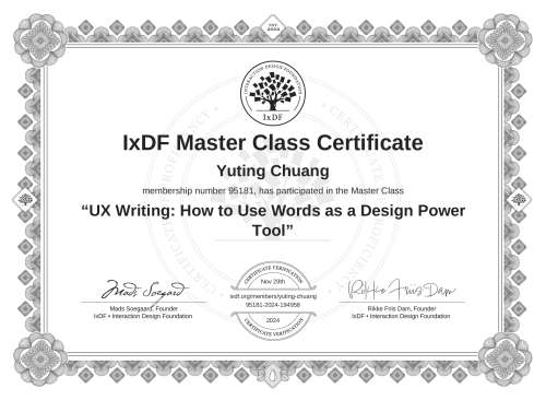 UX Writing: How to Use Words as a Design Power Tool certificate