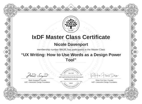 UX Writing: How to Use Words as a Design Power Tool certificate