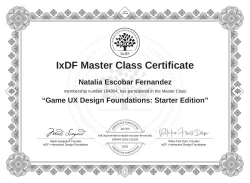Game UX Design Foundations: Starter Edition certificate