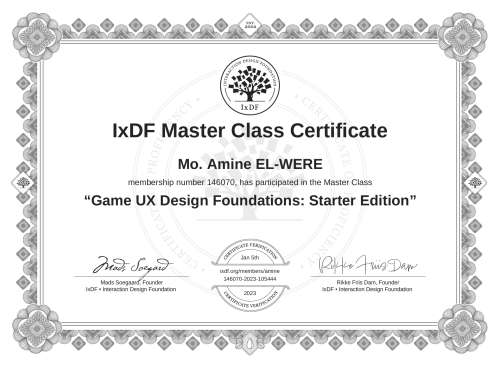 Game UX Design Foundations: Starter Edition certificate