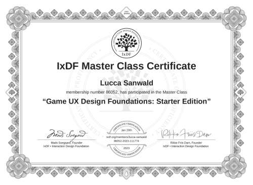 Game UX Design Foundations: Starter Edition certificate