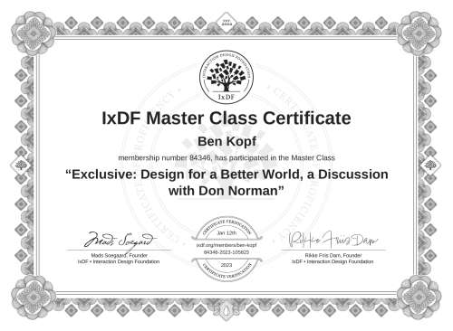 Exclusive: Design for a Better World, a Discussion with Don Norman certificate