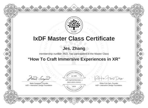 How To Craft Immersive Experiences in XR certificate