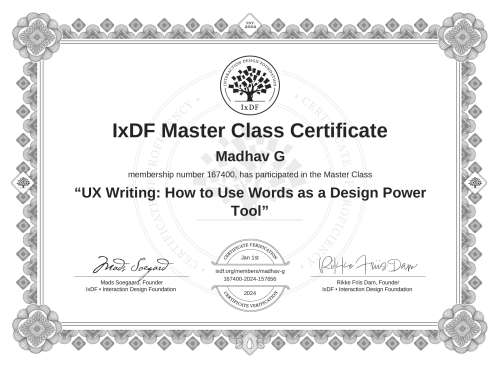 UX Writing: How to Use Words as a Design Power Tool certificate