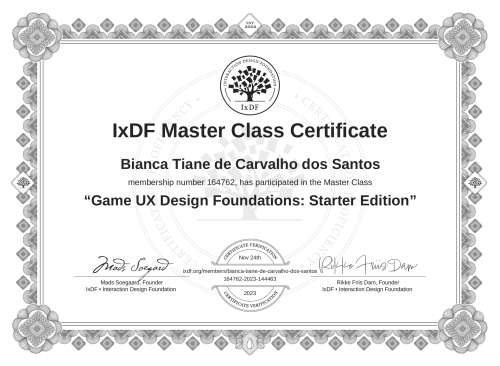 Game UX Design Foundations: Starter Edition certificate