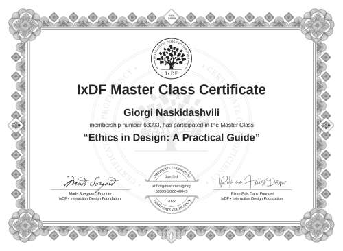 Ethics in Design: A Practical Guide certificate
