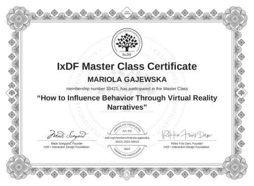 How to Influence Behavior Through Virtual Reality Narratives certificate