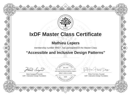 Accessible and Inclusive Design Patterns certificate