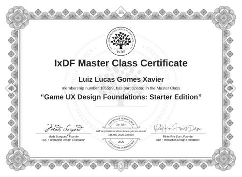Game UX Design Foundations: Starter Edition certificate