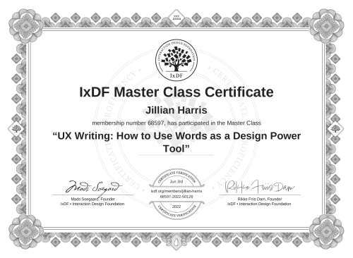UX Writing: How to Use Words as a Design Power Tool certificate