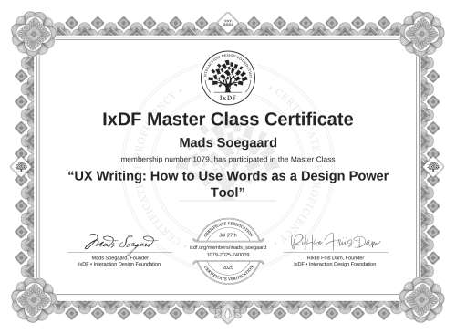 UX Writing: How to Use Words as a Design Power Tool certificate
