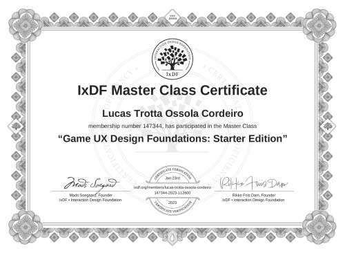Game UX Design Foundations: Starter Edition certificate