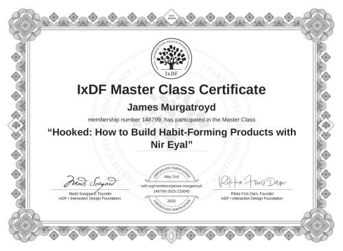 Hooked: How to Build Habit-Forming Products with Nir Eyal certificate