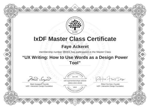UX Writing: How to Use Words as a Design Power Tool certificate
