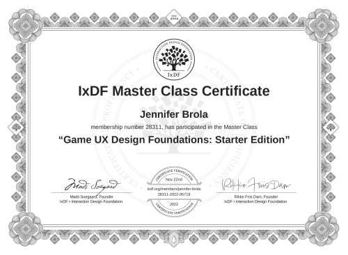 Game UX Design Foundations: Starter Edition certificate