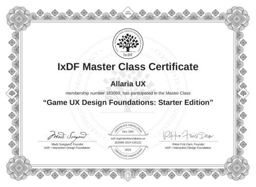 Game UX Design Foundations: Starter Edition certificate
