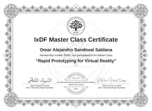 Rapid Prototyping for Virtual Reality certificate