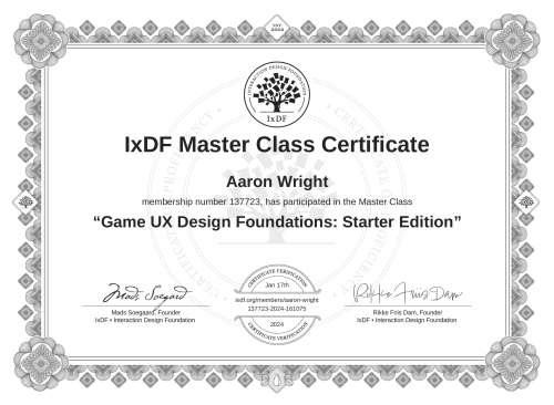 Game UX Design Foundations: Starter Edition certificate