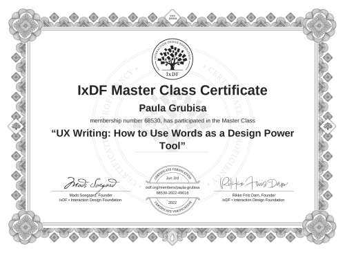 UX Writing: How to Use Words as a Design Power Tool certificate
