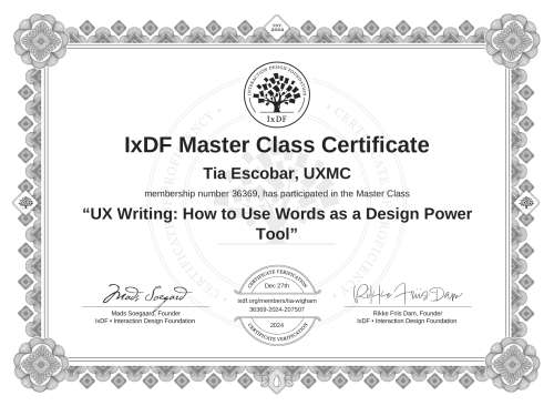 UX Writing: How to Use Words as a Design Power Tool certificate