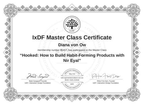 Hooked: How to Build Habit-Forming Products with Nir Eyal certificate