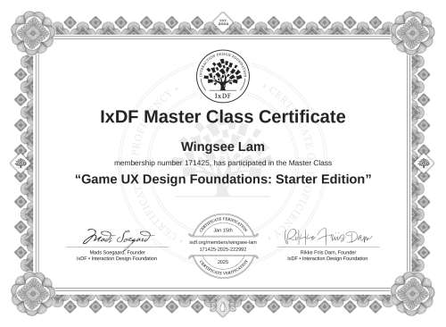 Game UX Design Foundations: Starter Edition certificate