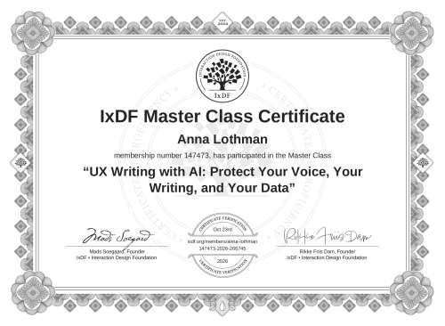 UX Writing with AI: Protect Your Voice, Your Writing, and Your Data certificate
