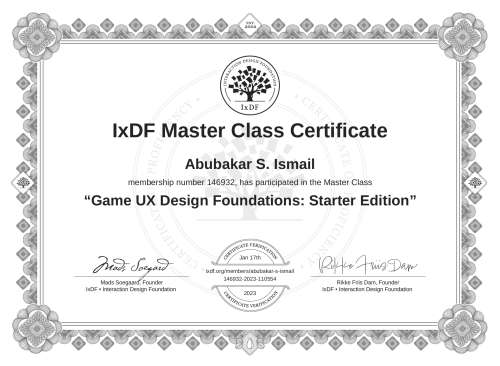 Game UX Design Foundations: Starter Edition certificate
