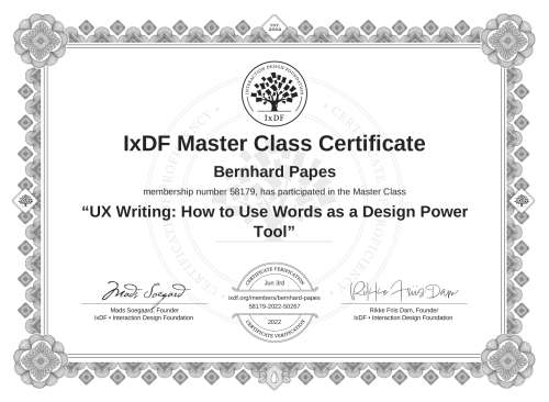 UX Writing: How to Use Words as a Design Power Tool certificate