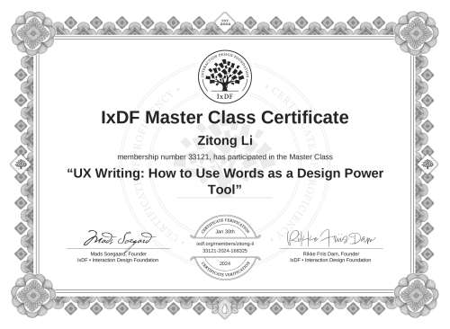 UX Writing: How to Use Words as a Design Power Tool certificate