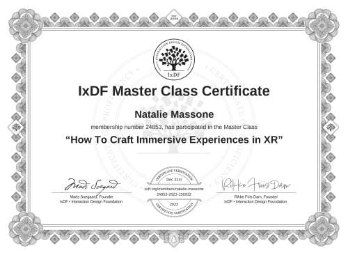 How To Craft Immersive Experiences in XR certificate