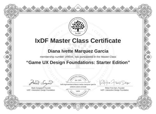 Game UX Design Foundations: Starter Edition certificate