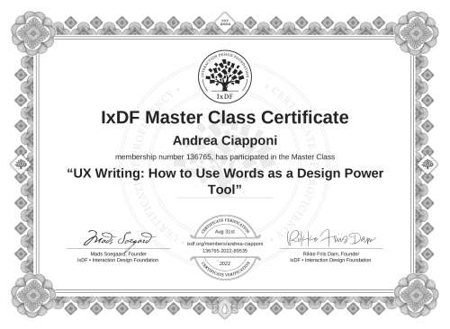 UX Writing: How to Use Words as a Design Power Tool certificate