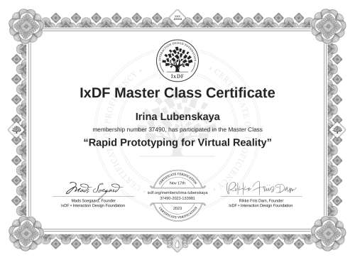 Rapid Prototyping for Virtual Reality certificate