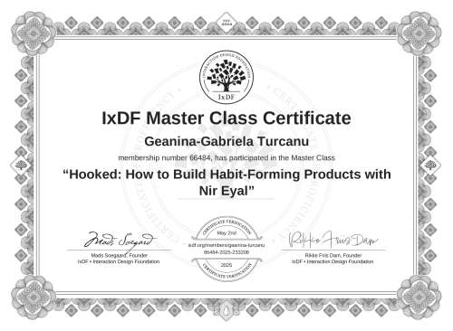 Hooked: How to Build Habit-Forming Products with Nir Eyal certificate