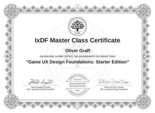 Game UX Design Foundations: Starter Edition certificate