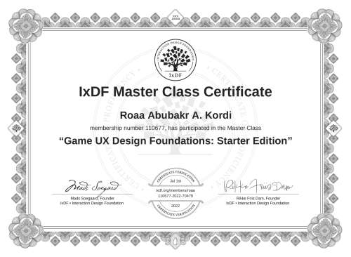 Game UX Design Foundations: Starter Edition certificate