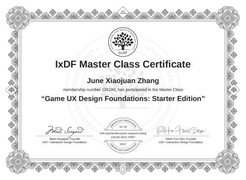 Game UX Design Foundations: Starter Edition certificate