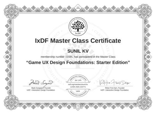 Game UX Design Foundations: Starter Edition certificate
