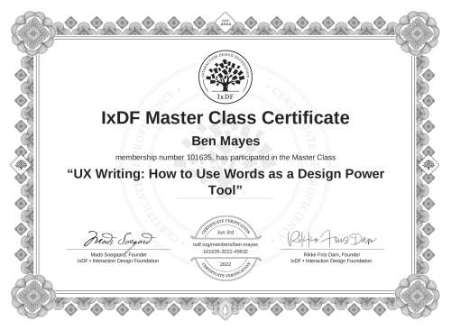 UX Writing: How to Use Words as a Design Power Tool certificate