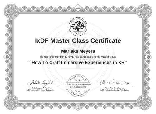 How To Craft Immersive Experiences in XR certificate