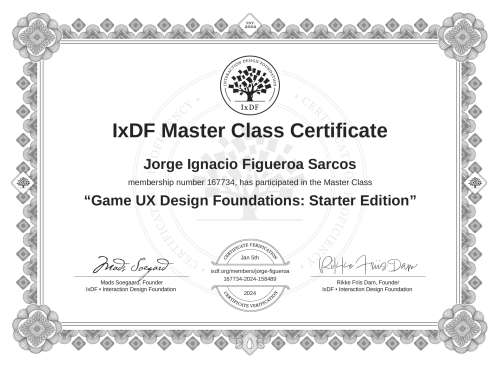 Game UX Design Foundations: Starter Edition certificate