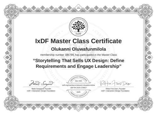 Storytelling That Sells UX Design: Define Requirements and Engage Leadership certificate