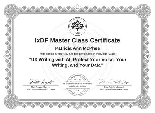 UX Writing with AI: Protect Your Voice, Your Writing, and Your Data certificate