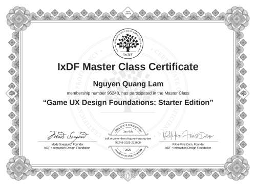 Game UX Design Foundations: Starter Edition certificate