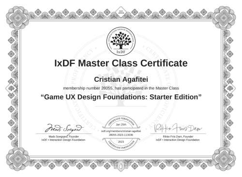 Game UX Design Foundations: Starter Edition certificate