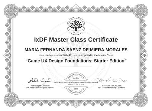 Game UX Design Foundations: Starter Edition certificate